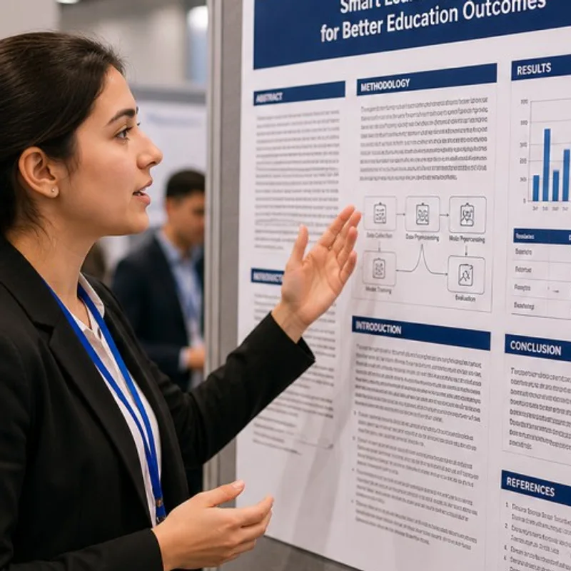 A presenter explaining her research poster to visitors