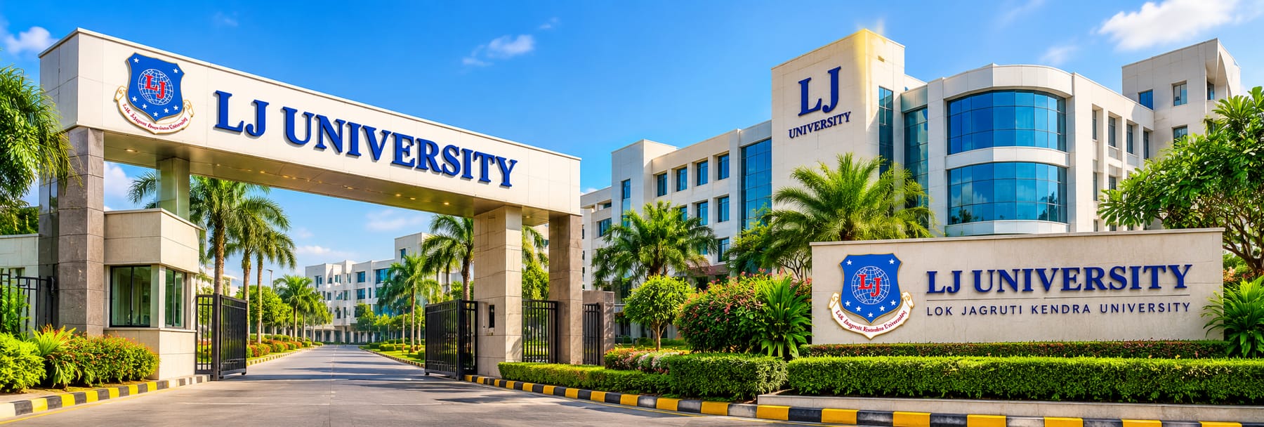 Entrance gate and main buildings of LJ University, Ahmedabad