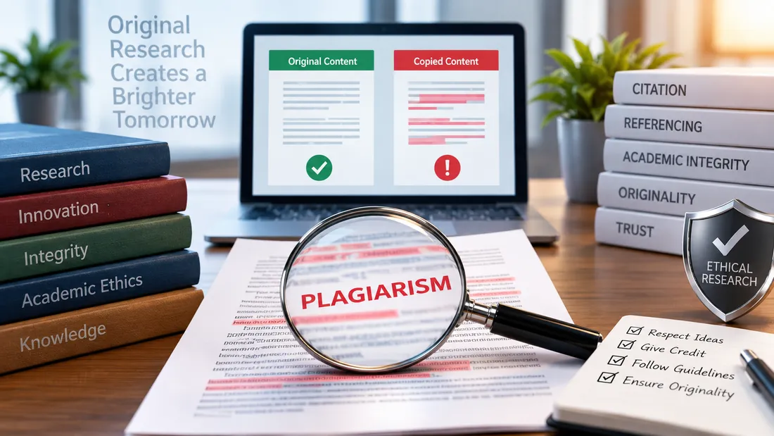 A magnifying glass over a manuscript marked plagiarism, beside a screen comparing original and copied content