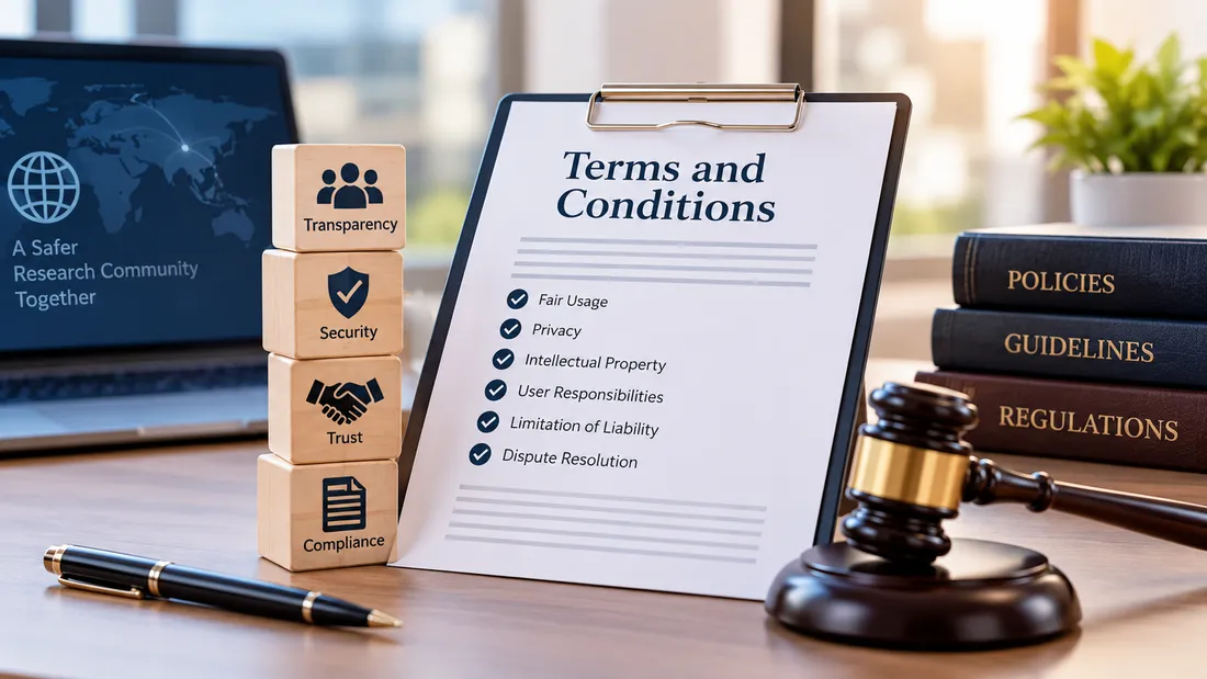 A clipboard of terms and conditions with a gavel and blocks for transparency, security, trust and compliance