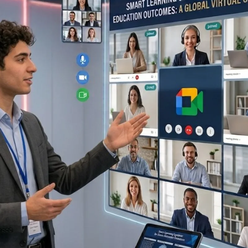 A presenter speaking to remote participants in a video conference